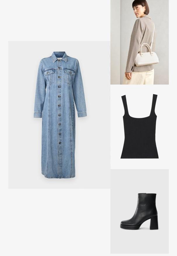 Denim skjortekjole med knaplukning fortil, to brystlommer, lange ærmer, krave og en løs, ankel-lang silhuet.; Svart ribbet tanktopp med firkantet utringning og smale, justerbare stropper. Stoffet har et teksturert mønster og en tettsittende design.; Sorte skinnankelsko med blokkhæl og plattformsåle, sett fra siden på en enkel hvit bakgrunn.; Hvit strukturert håndveske med korte håndtak og skulderreim, med detaljer i gullfinish og teksturert materiale, vist mot en grå bakgrunn.