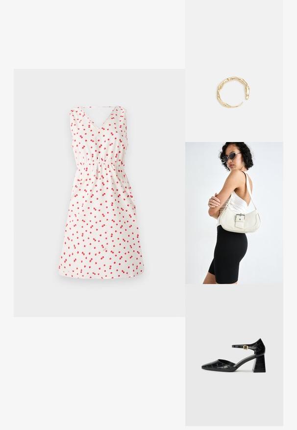 Weißes ärmelloses Kleid mit V-Ausschnitt, das mit einem Kirschmuster in Rot bedruckt ist. Elastischer Taillendetail und ausgestellter Rock für einen lockeren Sitz.; Schwarzer Lackleder-High-Heel-Schuh mit spitzem Zehenbereich, Knöchelriemen und strukturiertem Krokodil-Muster. Design mit quadratischem Blockabsatz.; Weiße Lederhandtasche mit geschwungener Form, verstellbarem Tragegurt und einem kleinen Schnallendetail. Das Modell trägt ein enges schwarzes Outfit.; Goldfarbener Ring mit einem organischen, gedrehten Design, glatter Oberfläche und sich verjüngenden Enden, was ein modernes, skulpturales Erscheinungsbild erzeugt.