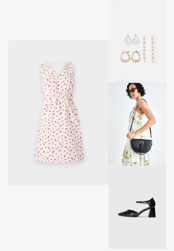 Valge ilma varrukateta kleit V-kaelusega, millel on punane kirsi muster. Elastne vöökoht ja laienev seelik, et tagada mugav istuvus.; Must musta mustad kõrge kontsaga king, millel on terav nina, pahkluu rihm ja tekstureeritud krokodillimuster. Ruudukujuline ploki konts.; Mustmust mustraha kõverate joontega, eemaldatava rihmaga ja kuldsete detailidega. Kotil on klapp, millel on pandladetail.; Kolm paari kõrvarõngaid: suured valged pärlstudid, kuldsed rõngad läbipaistvate gemmidega ning kaks pikka, sirget kullast aktsentkõrvarõngast sädeleva detailiga.