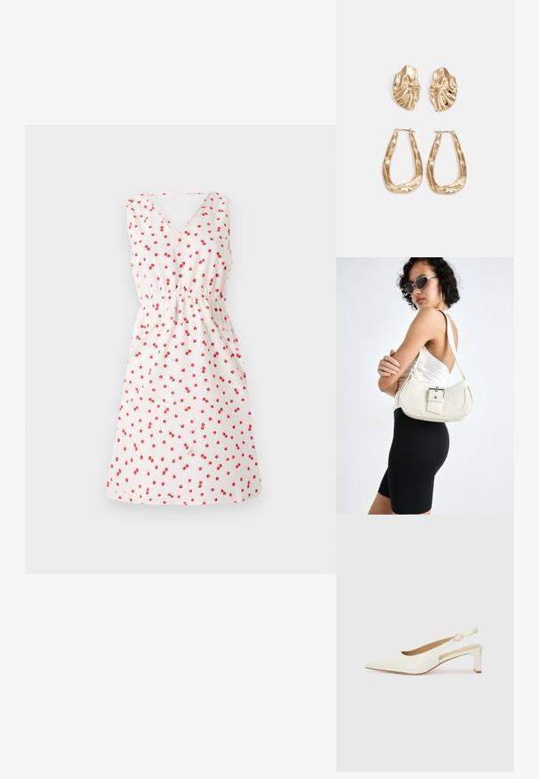 Weißes ärmelloses Kleid mit V-Ausschnitt, das mit einem Kirschmuster in Rot bedruckt ist. Elastischer Taillendetail und ausgestellter Rock für einen lockeren Sitz.; Weiße Lackleder-Slingback-Schuhe mit spitzem Zehenbereich und niedrigem Blockabsatz. Mit einem dezenten Riemen und einer Schnalle in goldfarbener Optik.; Weiße Lederhandtasche mit geschwungener Form, verstellbarem Tragegurt und einem kleinen Schnallendetail. Das Modell trägt ein enges schwarzes Outfit.; Ohrringe in Goldoptik mit strukturierten, gewellten Formen. Beinhaltet skulpturale Clip-Ohrringe und ein offenes Hoop-Design mit gehämmertem Finish.