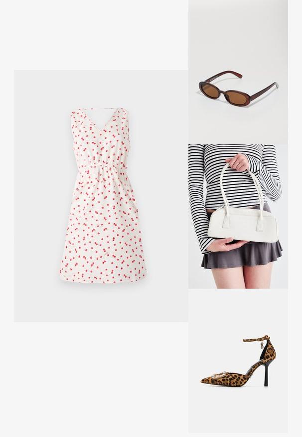 Robe blanche sans manches avec un décolleté en V, ornée d'un motif de cerises rouges. Détail au niveau de la taille élastique et jupe évasée pour un ajustement décontracté.; Chaussure à talon haut en imprimé léopard avec bout pointu, texture en velours, lanière à la cheville et boucle ornée de cristaux. Talon aiguille noir.; Lunettes de soleil rondes teinte brun avec une monture bordeaux brillante. Branches fines avec un détail de marque subtil. Design de verres plats.; Sac à main en cuir synthétique crocodile blanc, à deux poignées, de forme rectangulaire et avec une fermeture éclair. Exposé sur un fond clair.