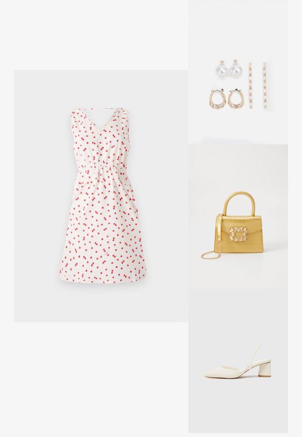 Bela brezrokavna obleka z V-izrezom, ki ima potisk češenj v rdeči barvi. Elastičen pas in razširjen krilo za sproščen kroj.; Bela slingback elegantna čevlja z izostrenim nosom, gladko teksturo in oblikovanim peto. Ima tanek trak na hrbtni strani za varno prileganje.; Rumeno usnjeno-usnje z vzorcem krokodila, s strukturiranim dizajnom, zgornjo ročajem, snemljivo verižico in dekorativnim kristalnim okrasjem na zaponki.; Tri para uhani: veliki beli biserni uhani, zlate obroče s prozornimi dragulji in dva dolga, ravna zlate uhan s svetlečimi podrobnostmi.