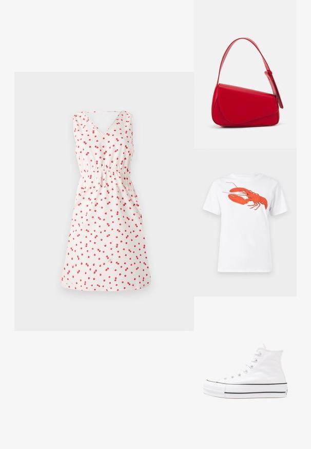 Witte mouwloze jurk met een V-hals, met een kersenprint in het rood. Elastische taille en uitlopende rok voor een casual pasvorm.; Witte katoen t-shirt met een grote, felrode kreeftenprint op de voorkant. Korte mouwen en een standaard ronde hals.; Witte high-top canvas sneakers met een zwarte rubberen zool, een rubberen neuskap aan de voorkant en zes gaatjes voor veters, met een schone, minimalistische uitstraling.; Rode leren handtas met een hoekig, geometrisch ontwerp. Beschikt over een enkele verstelbare schouderriem en een klepclosure met gestikte details.