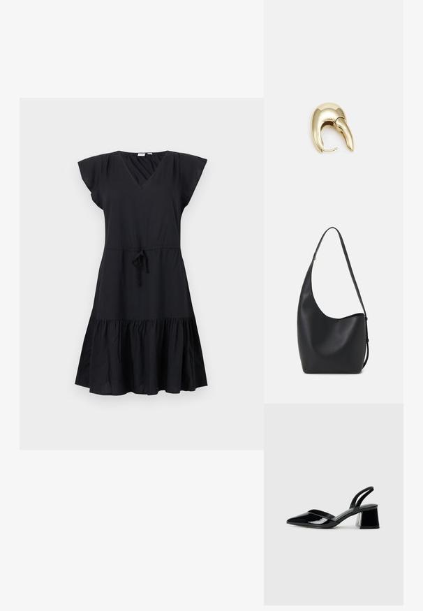 Melnas īsām piedurknēm tērps ar V-veida kakla izgriezumu, pieguļošu augšdaļu, ar auklu regulējamu jostasvietu un platu, slāņainu svārku. Izgatavots no viegla auduma.; Melna lakota āda ar atvērto papēdi, ar smailu purngalu un ģeometrisku blokpapēdi. Iezīmējas elegants, minimāls dizains un gluda tekstūra.; Melnas ādas hobo soma ar gludu tekstūru, izliekta forma un vienu regulējamu jostu; augšā ir plaša atvere.; Zeltīti metāla auskari ar gludu, izliekta dizaina. Ar atšķirīgu smailu formu, pulētu virsmu un eņģu aizdari.