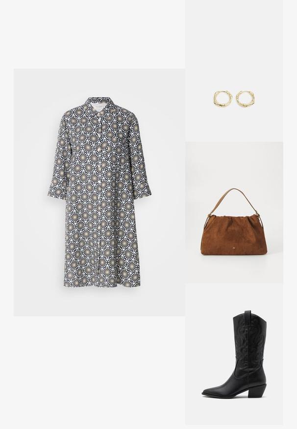 Laivyno spalvos mygtukų suknelė su gėlių geometriniu raštu šviesiame fone. Ilgos rankovės, iki kelių, su apykakle ir priekinėmis kišenėmis.; Juodas odinis kaubojiškas botas su smailiu pušku, iškaltomis vingių rašmenimis ir vidutinio aukščio kulnu. Yra kilpa, skirta patogiam užmaunimui.; Ruda zomšos rankinė su susiraukšlėjimu, turinti vieną šviesiai rudos odos rankeną ir subtilų auksinį logotipo detalę priekyje.; Aukso žiedo auskarai su tekstūruotu, netaisyklingu paviršiumi. Yra be siūlių užsegimas ir poliruotas paviršius, akcentuojantis modernų dizainą.