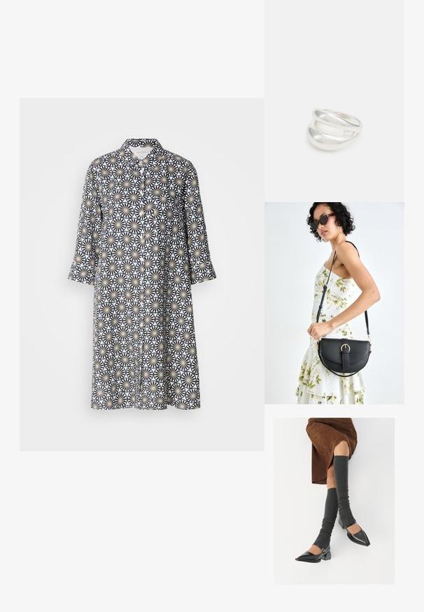 Kreklu stila kleita tumši zilā krāsā ar ziedu ģeometrisko rakstu uz gaiša fona. Garas piedurknes, līdz ceļiem, ar apkakli un priekšējo kabatu.; Melnas laka ādas apavi ar norādītu purngalu, blokveida papēdi un potīšu jostu, saskaņoti ar pelēkām ribotām kāju sildītājām un brūnu zamšādas svārku.; Melnas ādas rokassoma ar izliekta formu, noņemamu siksnu un zelta aksesuāriem. Somai ir vāciņš ar sprādzes detaļu.; Sudraba divu joslu gredzens ar gludu, pulētu virsmu. Iezīmējas ar plūstošu, izliekta dizaina struktūru ar pārklājošām sekcijām modernam izskatam.