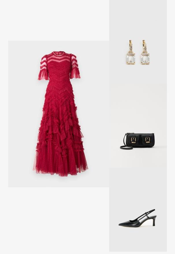 Needle & Thread ELIA SHORT SLEEVE GOWN - Abiti per occasioni speciali - red; Slingback con tacco in vernice nera con punta affusolata, caratterizzato da una stampa a serpente testurizzata, cinturino regolabile e un tacco corto e testurizzato.; Borsa a tracolla nera in pelle con due tasche frontali, fibbie dorate, chiusura con zip e una tracolla sottile. Superficie texturizzata e forma rettangolare compatta.; Orecchini in tonalità dorata con un cristallo trasparente rettangolare sospeso sotto una fila di piccoli accenti trasparenti rotondi. Design elegante e moderno.