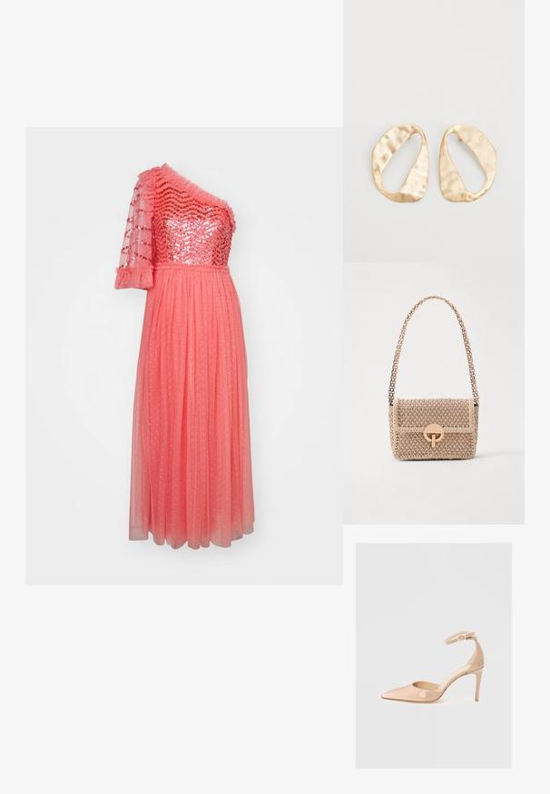 Coral evening dress with one sequined shoulder, ruffled neckline, and a flowing skirt featuring polka dots. Sheer fabric and textured details.; Nude patent leather pointed-toe shoe with an ankle strap and a stiletto heel, featuring a smooth texture and minimalistic design.; Vanessa Bruno MOON - Cross body bag - beige/ivoire; Pair of irregular oval-shaped gold-toned metal earrings with a textured, slightly hammered surface on a white background.