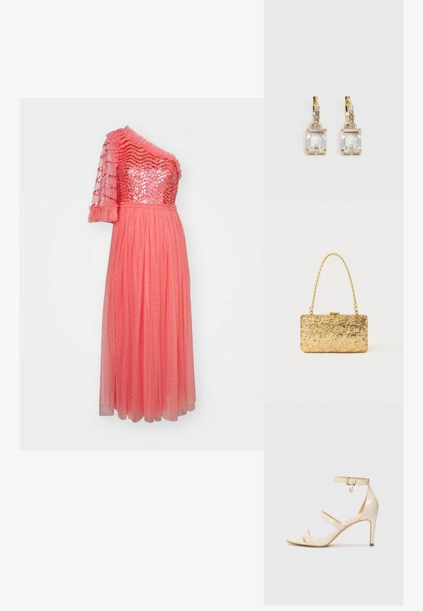 Coral evening dress with one sequined shoulder, ruffled neckline, and a flowing skirt featuring polka dots. Sheer fabric and textured details.; Beige high-heeled sandals with thin ankle strap and two upper straps. Glossy patent finish and gold hardware detail on the ankle strap.; Gold sequin clutch with a rectangular shape, featuring a twisted chain handle and a metal clasp closure, reflecting light with a textured finish.; Gold-tone earrings featuring a rectangular, clear crystal dangling below a row of small, round clear accents. Sleek, modern design.