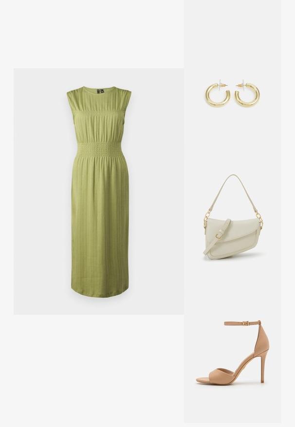 Zaļa, bez piedurknēm, kleita ar piegulošu augšu un smalki smockētu vidukli. Tekstūrēta auduma ar maziem vertikāliem svītru. Midi garums ar taisnu apakšmalu.; ALDO CRERIDE PILLOW WALK - Sandales - beige; Maza krēmkrāsas rokas soma ar teksturētu apdari, garu regulējamu siksniņu, ķēdes akcentu un vāciņa aizdari. Zelta aparatūras detaļas.; Zelta auskari ar gludu, spīdīgu apdari. Apaļš dizains, kas ietver mazu tapu un caurspīdīgu pamatni drošai valkāšanai.