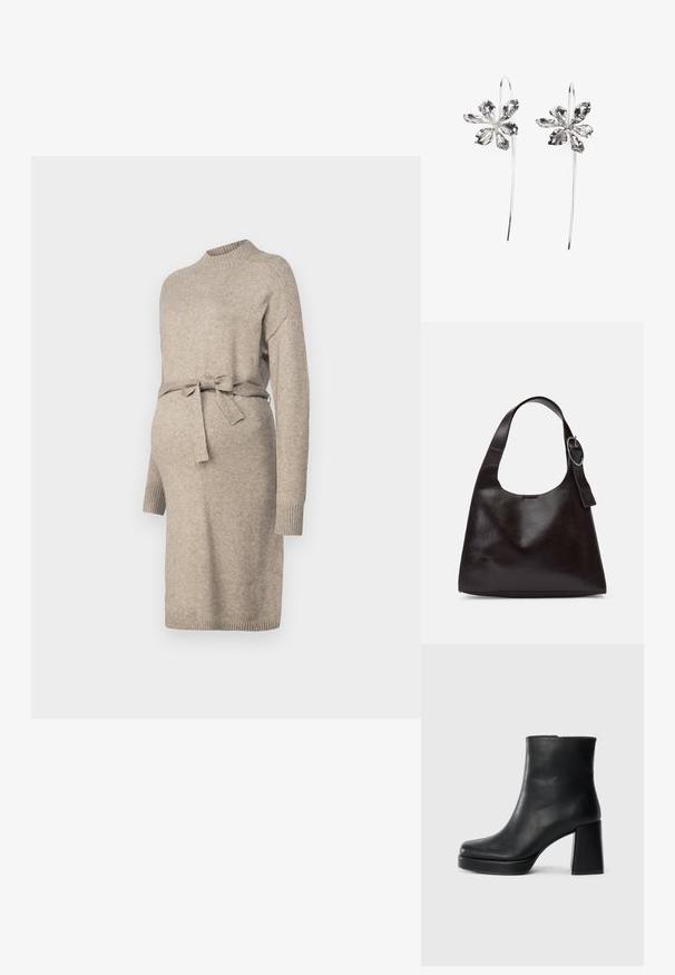 Vestido de maternidade em malha de bege claro com decote redondo, mangas longas e faixa na cintura. Apresenta punhos canelados e um design de comprimento médio.; Bota de couro preta até ao tornozelo com salto bloco e sola com plataforma, vista de lado sobre um fundo branco liso.; Bolsa de ombro em pele castanha com uma textura suave, forma arredondada, alça larga e um detalhe metálico circular na pega.; Brincos em forma de flor prateados com um acabamento texturizado, apresentando ganchos longos e detalhes semelhantes a pétalas para um design intrincado.
