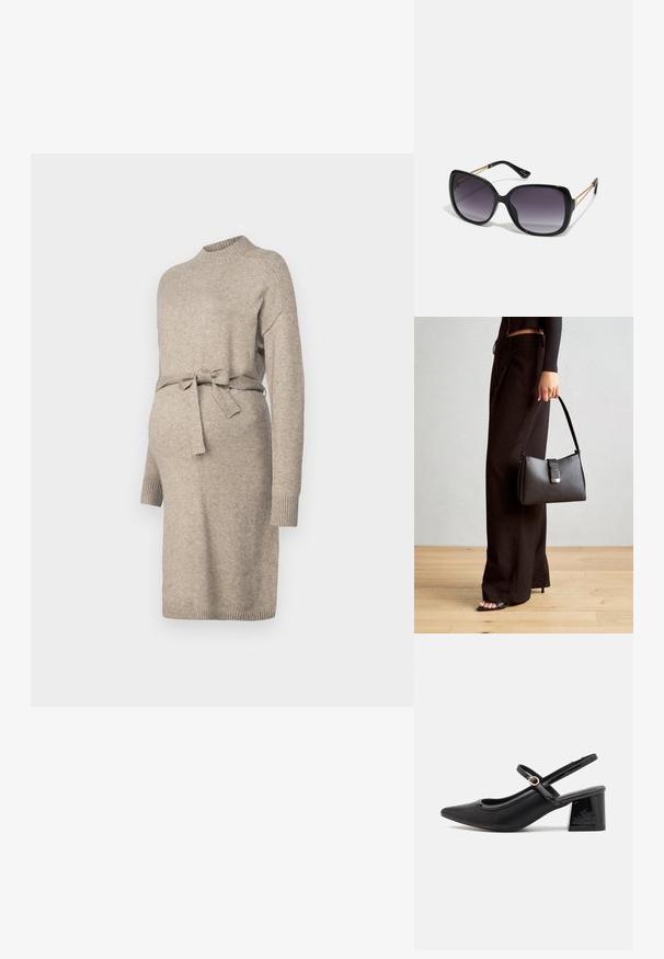 Pleteni materinski kombinezon v svetli bež barvi s krožnim izrezom, dolgimi rokavi in pasom. Ima rebraste manšne in srednje dolžino.; Črne patentne usnjene salonarce s slingback obliko, s koničastim nosom, zaobljenim izrezom in blok peto. Imajo zlato kovinsko zaponko kot dodatno okrasje.; Črne prevelike sončne očala z degradacijskimi lečami, debelimi okvirji in zlatimi verižicami na ročajih.; Črna torbica z strukturirano obliko, gladko teksturo in kovinskim zaponko. Ujemajo se z širokimi črnimi hlačami in odprtimi sandali na lesenem tleh.