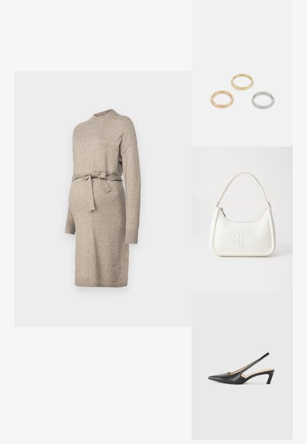 Mezgimo nėščiųjų suknelė šviesiai smėlinė, su apvalia iškirpte, ilgomis rankovėmis ir juosmens juosta. Su ribotomis rankovėmis ir vidutinio ilgio dizainu.; Juodas smailus slingback batelis su žemu kulnu, pagamintas iš lygaus odos paviršiaus ir su išpjovomis šone, užtikrinančiomis oro pralaidumą.; Balta odinė rankinė su išlenkta forma, su reljefiniu "CK" logotipu priekyje ir viena petneša. Užtrauktuko uždarymas viršuje.; Trys metalinės žiedai: vienas rožinės aukso, vienas auksinis su tekstūruotais akcentais ir vienas sidabrinis, visi su įmintu ženklinimu vidinėje juostoje.