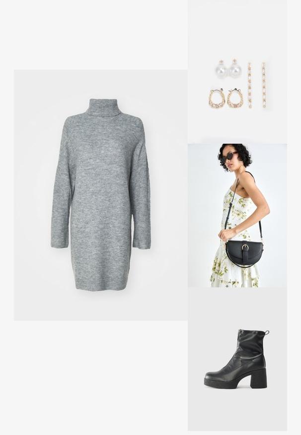 Világosszürke, hosszúujjú garbó pulóver puha kötésű anyagból. Oldalsó hasítékokkal és laza szabással rendelkezik, bordás mandzsettákkal és nyakkal.; Fekete bokacsizmák sima bőrből, oldalsó cipzárral, vastag, texturált sarkú és lekerekített orrú dizájnnal.; Fekete bőrtáska ívelt formával, levehető pánttal és arany színű fémrészekkel. A táskán egy csattal díszített fedél található.; Három fülbevalópár: nagy fehér gyöngy fülbevalók, arany karika fülbevalók, tiszta drágakövekkel, és két hosszú, egyenes arany akcentus fülbevaló csillogó részletekkel.