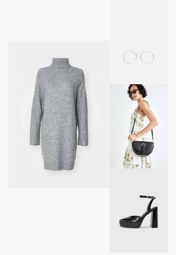 Pulôver de gola alta de manga longa em cinza claro, feito de um tecido de malha suave. Apresenta aberturas laterais e um corte descontraído, com punhos e gola canelados.; Saltos altos pretos com bico fino e atilho ajustável no tornozelo. Confeccionados em couro suave, apresentam um salto bloco robusto.; Bolsa de couro preta com forma curva, alça destacável e detalhes em dourado. A bolsa possui uma aba com detalhe de fivela.; Brincos de argola prateados com um design arredondado e elegante, apresentando uma superfície lisa e sem adornos visíveis. Diâmetro não especificado.