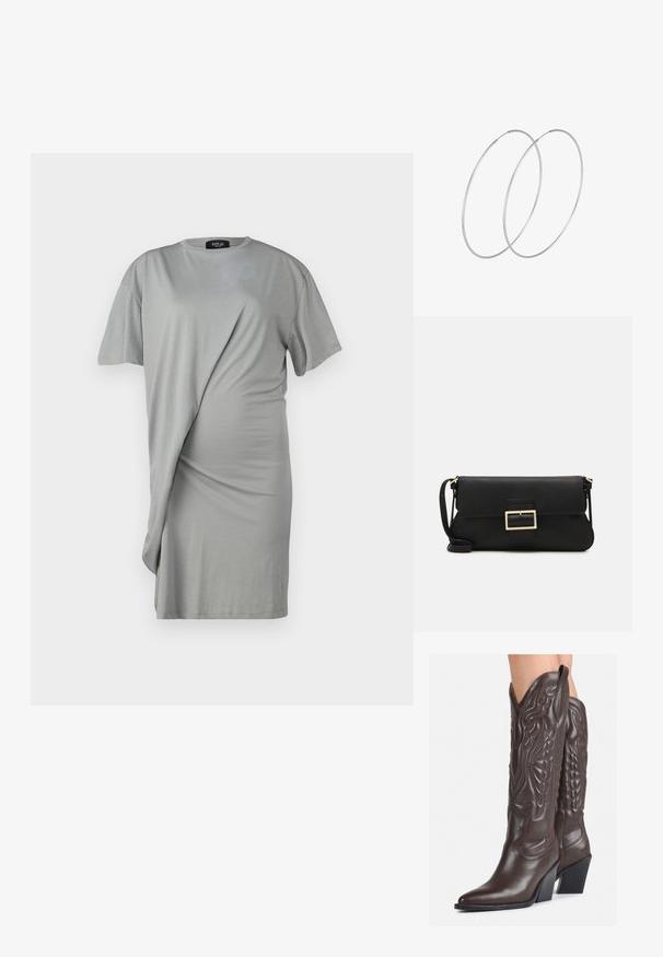 Pilkos spalvos marškinėlių suknelė su trumpomis rankovėmis, turinti drapiruotą dizainą ir minkštą audinį. Priekyje yra susikaupimo detalės ir asimetriškas apatinis kraštas.; Rudos odinės kaubojaus batai su smailiu priekiu ir blokuotu kulnu, pasižymintys detaliu siuvinėjimu ir iškiliais akcentais ant ašies.; Juodas odinis dėkliukas su atvarteliu ir auksinės metalinės sagties detalėmis. Įeina juodas diržas ir elegantiškas, minimalistinis dizainas.; Sidabrinės pusmėnulio auskarai minimalistiniu dizainu. Apskritimo forma, lygus paviršius ir plonas profilis. Lengvi su poliruotu apdailu.