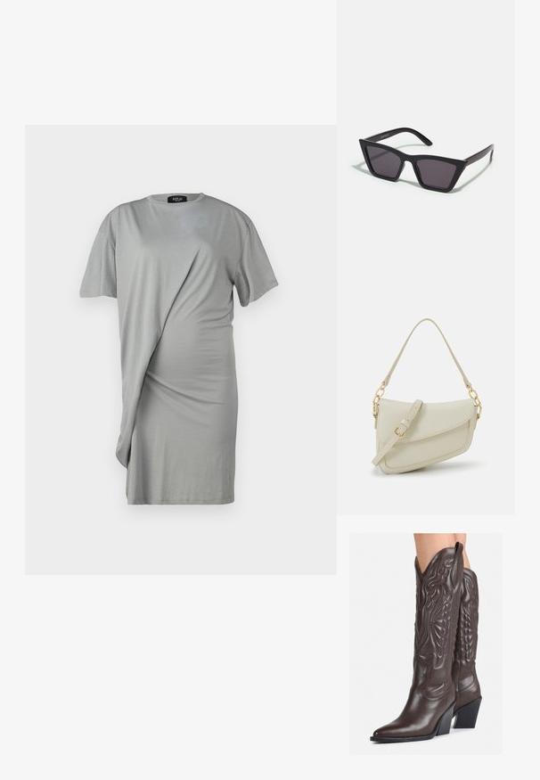 Grå t-shirtklänning med korta ärmar, med en draperad design och mjukt tyg. Framsidan har rynkade detaljer och en asymmetrisk fåll.; Bruna lädercowboystövlar med spetsig tå och klossklack, med detaljerad sömnad och upphöjda accenter på skaftet.; Svarta, vinklade solglasögon med grå linser; tillverkade av plast, med tjocka skalmar med en slät yta och utan synlig hårdvara.; Liten gräddfärgad handväska med en strukturerad finish, en lång justerbar rem, en kedjedetalj och en klaffstängning. Guldfärgad hårdvara.