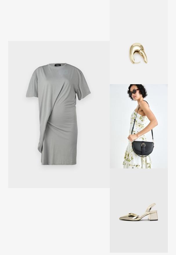 Hall t-särk kleit lühikeste varrukatega, millel on voolav disain ja pehme kangas. Ees on kätkete detailid ja asümmeetriline helk.; Kuldne, metallilised slingback-kudumid terava varba ja paksu kontsaga. Sile tekstuur, minimalistlik disain ja kitsas rihm.; Mustmust mustraha kõverate joontega, eemaldatava rihmaga ja kuldsete detailidega. Kotil on klapp, millel on pandladetail.; Kuldtooni metallist kõrvarõngas, millel on elegantne ja kaarjas disain. Omab silmapaistvat teravat kuju, poleeritud pinda ja hingesulgemist.