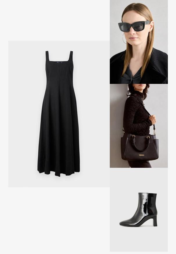 Fekete, ujjatlan maxi ruha négyzet alakú dekoltázzsal, lebegő szsilhuettal és egyszerű vonalakkal. Könnyű anyagból készült, minta vagy díszítés nélkül.; Fekete lakk bőrcipő bokáig érő, hegyes orral és közepes magasságú tömbsarokkal. Simább textúrával és minimalista dizájnnal rendelkezik.; Fekete macskaszem napszemüveg sötét lencsékkel, vastag kerettel és diszkrét díszítésekkel. Fekete kabátot és szürke felsőt visel, hosszú egyenes hajjal.; Fekete kézitáska texturált felülettel, dupla felső fogantyúval és állítható vállpánttal. Arany színű fém kiegészítők és oldalsó zsebek találhatók rajta.