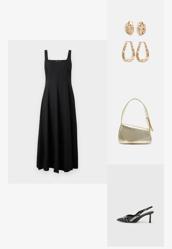 Čierna, bezrukávová maxi šaty so štvorcovým výstrihom, prúdiacou siluetou a jednoduchými líniami. Vyrobené z ľahkej látky bez vzorov alebo akcentov.; Čierne lakované kožené slingback topánky s špicatou špičkou, remienkami okolo členku s striebornými prackami a hardvérom, a štíhlým podpätkom.; Zlatá metalická kabelka so štruktúrovaným dizajnom, hladkou textúrou a nastaviteľným popruhom. Obsahuje jedinečný trojuholníkový tvar a minimalistické šitie.; Náušnice v zlatej farbe s textúrovanými, vlnitými tvarmi. Obsahujú sochárske klipsové náušnice a otvorený tvar krúžku s kladivkovým povrchom.