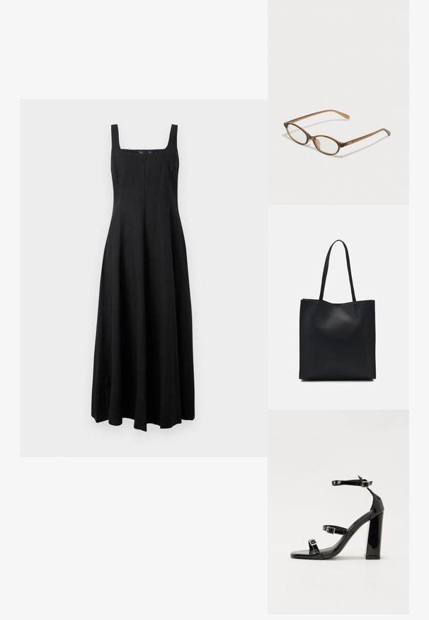 Juoda be rankovių maksi suknelė su kvadratiniu dekolte, laisva siluetu ir paprastomis linijomis. Pagaminta iš lengvos medžiagos, be raštų ar akcentų.; Juoda blizgi lakuota basutė su kvadratiniu pirštu, kulkšnies dirželiais ir sidabro sagtimis. Yra tvirta blokinė kulno konstrukcija, užtikrinanti stabilumą.; Rudos aukso dėklai su ovaliais lęšiais, plonomis kojelėmis ir skaidriais akcentais. Ant šventyklos yra subtilus logotipas. Plonas, lengvas dizainas.; Juodas odinis tote krepšys su lygia tekstūra, stačiakampio formos ir dviem ilgais rankenomis. Matomų metalinių detalių ar puošybos nėra.