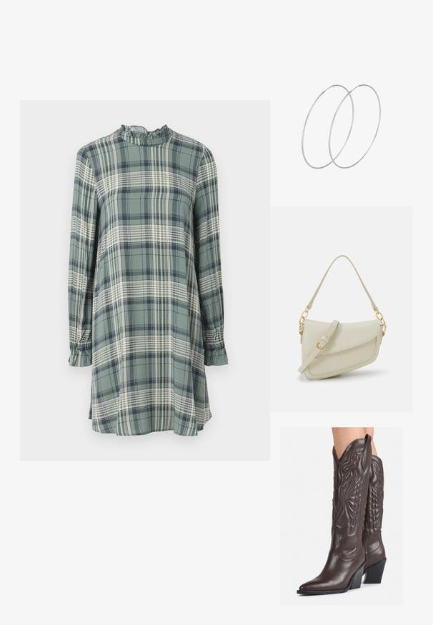 Karirana haljina u zelenoj, bijeloj i mornarsko plavoj boji. Ima visoki ovratnik s naboranim rubom i duge rukave s nabranim manžetama. Mekana tkanina, opušteni kroj.; Smeđe kožne kauboj čizme s šiljastim vrhom i blok-potpeticom, s detaljno izvezenim šavovima i uzdignutim naglascima na okovu.; Mala krem torbica s teksturiranim finišom, dugačkim podesivim remenom, lančanim detaljem i preklopom. Zlaćani hardver.; Srebrne okrugle naušnice s minimalističkim dizajnom. Kružni oblik, glatka tekstura i tanak profil. Lagane s poliranim završetkom.