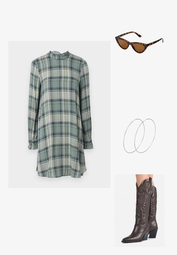 Karirana haljina u zelenoj, bijeloj i mornarsko plavoj boji. Ima visoki ovratnik s naboranim rubom i duge rukave s nabranim manžetama. Mekana tkanina, opušteni kroj.; Smeđe kožne kauboj čizme s šiljastim vrhom i blok-potpeticom, s detaljno izvezenim šavovima i uzdignutim naglascima na okovu.; Sunglasses u obliku mačjih očiju s okvirom u crno-narančastom kornjačevom uzorku, smešnim lećama i elegatnim, šiljastim vrhovima. Sadrži minimalni logo na dršci.; Srebrne okrugle naušnice s minimalističkim dizajnom. Kružni oblik, glatka tekstura i tanak profil. Lagane s poliranim završetkom.