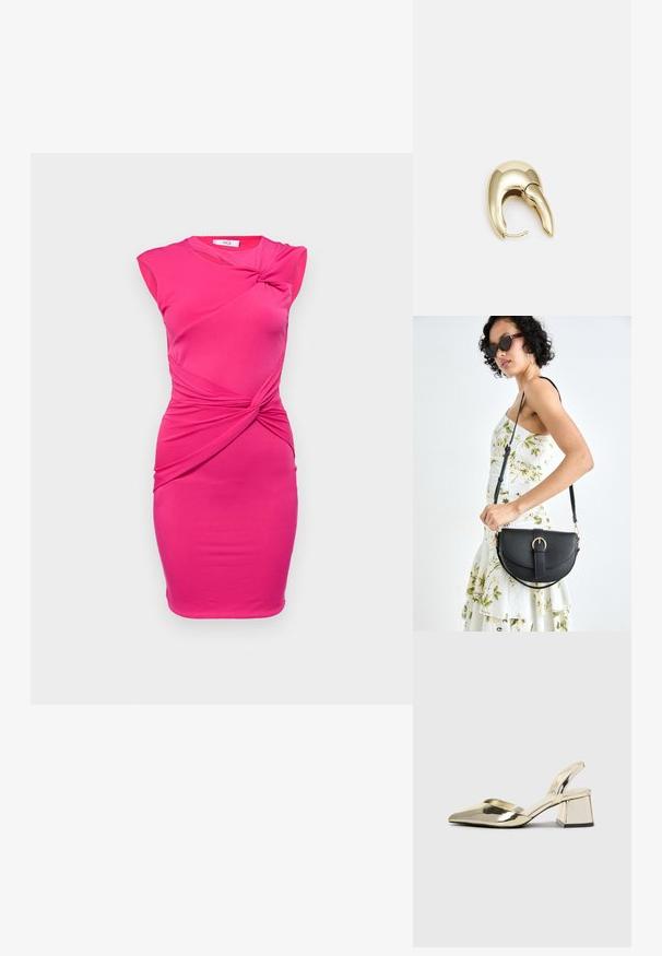 WAL G. TILLY CUT OUT MINI - Koktailové šaty/večierkové šaty - fuchsia; Zlaté kovové lodičky na podpätku so špicatou špičkou a robustným podpätkom. Hladký povrch, minimalistický dizajn a úzka remienok.; Čierna kožená kabelka s zaobleným tvarom, odnímateľným popruhom a zlatými doplnkami. Kabelka má klopu s detailom s prackou.; Náušnice z kovu v zlatej farbe s elegantným, zakriveným dizajnom. Majú charakteristický špicatý tvar, leštený povrch a uzáver na pánt.