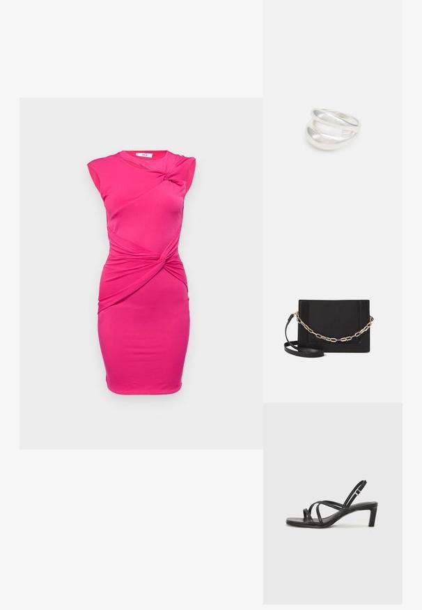 WAL G. TILLY CUT OUT MINI - Kokteilinė suknelė / vakarėlių suknelė - fuchsia; Juodi šlepetės su kvadratiniu pirštu ir žemu bloku kulnu. Yra keli ploni dirželiai ir reguliuojamas kulkšnies diržas. Pagaminti iš lygios odos.; Juodas odinis per petį nešiojamas krepšys turi lygų paviršių, stačiakampio formą ir metalinę grandinėlę priekyje. Pridedama reguliuojama dirželis.; Sidabrinis dvigubas žiedas su lygiu, poliruotu paviršiumi. Pasižymi sklandžiu, kreiptu dizainu su persipinančiomis dalimis, suteikiančiomis modernų išvaizdą.