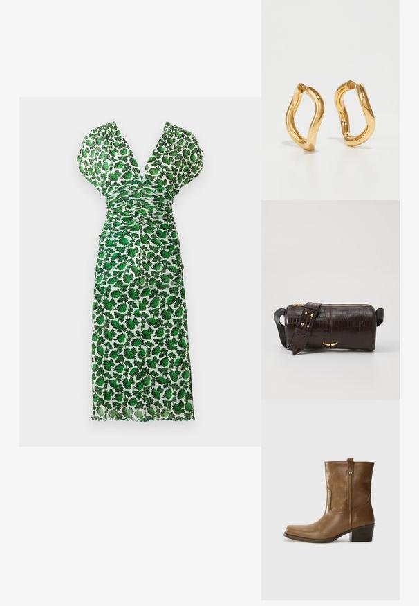 Zelena cvetna midi oblekica z globokim V-izrezom, nabrano zasnovo, kratkimi rokavi in valovitim spodnjim robom. Narejena iz lahkotnega materiala s polprosojno teksturo.; Rjave usnjene gležnjarje s kvadratnim nosom, teksturirano površino in nizko kvadratno peto. Imajo zadnji trak za enostavno obuvanje in subtilne šivane detajle.; Brah blaženka iz rjavega usnja z embosiranim krokodilom, cilindrične oblike, zlatih kovinskih elementov in odstranljivim pasom, ki vsebuje žebljičke.; Zlate uhane iz krogov s krivuljasto, nepravilno obliko in gladko, polirano površino. Brez vidnih dodatkov ali okrasitev.