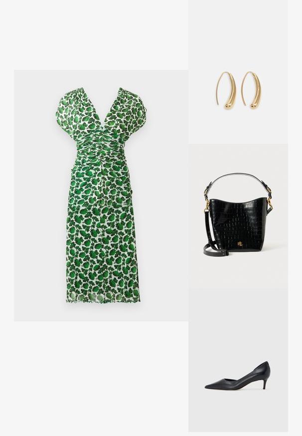 Vestido midi floral verde com decote em V profundo, design franzido, mangas curtas e bainha em forma de ondas. Feito de tecido leve com uma textura semi-transparente.; Sapato de salto alto preto em pele com bico fino e salto baixo. Apresenta uma textura suave e brilho subtil. Corte aberto na parte da frente para um detalhe adicional.; Bolsa de pele corcunda preta com textura de crocodilo, formato curvo, detalhes em metal dourado, alça ajustável e logotipo na parte da frente.; Brincos em metal dourado com forma de arco alongado e curvado. Apresentam uma superfície lisa e brilhante, com uma ponta arredondada para um detalhe adicional.