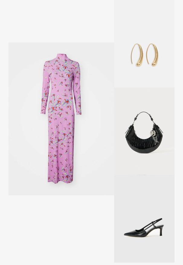 Ilga rožinė suknelė su aukštu dekoltė ir ilgomis rankovėmis, su spalvingu abstrakčiu raštu visame paviršiuje. Pagaminta iš minkštos, elastingos medžiagos.; Juodai lakuoti slingback aukštakulniai su smailiu nosiu, su tekstūruotu gyvatės raštu, reguliuojama juosta ir trumpu, tekstūruotu blokiniu kulnu.; Juodas dirbtinės krokodilo odos maišelis su išlenkto dizaino, trumpa rankena, metaliniais akcentais ir dekoratyvia sidabro detalė.; Auksinės metalinės auskarų kabės su lenktą, pailgą forma. Turi lygų, blizgantį paviršių ir užapvalintą galiuką papildomam akcentui.