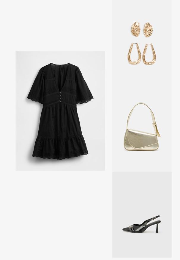 Robe noire à manches courtes avec décolleté en V, boutons sur le devant, détails en dentelle et ourlet et bords de manches festonnés.; Chaussure slingback en cuir verni noir avec un embout pointu, des brides de cheville avec des boucles en argent et des éléments en métal, et un talon fin.; Sac à main en métal doré avec un design structuré, texture lisse et bandoulière ajustable. Présente une forme triangulaire unique et des coutures minimalistes.; Boucles d'oreilles dorées présentant des formes texturées et ondulées. Comprend des clips sculpturaux et un design de créoles ouvertes avec une finition martelée.