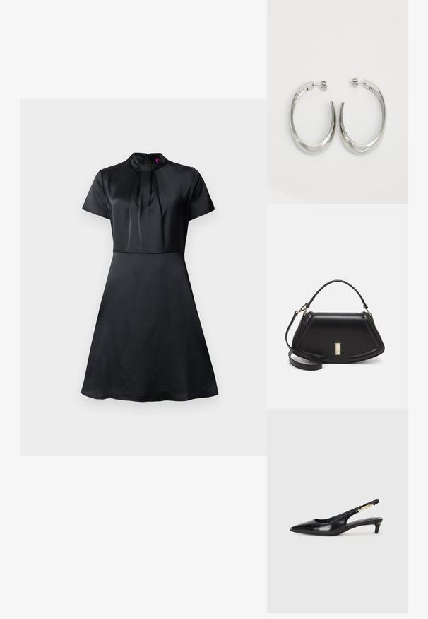 Črna satenska obleka s kratkimi rokavi, visokim ovratnikom in nabranimi detajli pri dekolteju. Silhueta v obliki črke A z gladko teksturo.; Črne usnjene sandale na peto z ostro konico, ki imajo tanko peto in zlat ton na nastavljivem traku. Gladka tekstura.; Črna usnjena torbica s strukturnim dizajnom, ki ima skrajšano obliko, zgornji ročaj in zlate dodatke. Vključena je nastavljiva ramenska naramnica.; Srebrni uhani v obliki obroča z gladkim, ukrivljenim oblikovanjem. Imajo sijajno kovinsko površino in zapiranje na žebljiček. Brez vidnih vzorcev ali dodatkov.