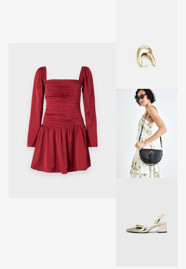 Červené šaty s dlouhými rukávy, čtvercovým výstřihem a nařasenou texturou tkaniny v oblasti těla; rozšiřují se do skládáné sukně.; Kovové zlaté pantofle na podpatku s špičatou špičkou a masivním podpatkem. Hladký povrch, minimalisticý design a úzký pásek.; Černá kožená kabelka s křivkovým tvarem, odnímatelným popruhem a zlatými detaily. Kabelka má klopu s přezkou.; Náušnice ve zlatém tónu z kovu s elegantním zakřiveným designem. Vyznačují se jedinečným špičatým tvarem, lesklým povrchem a závěsem na kloub.