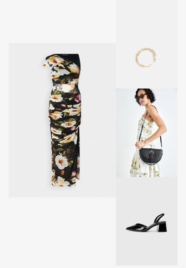 Ziedu kleita ar melnu pamatu, viena pleca dizains, rušķīta tekstūra, dzīvīgas krāsas ziedu rakstos un grīdas garuma siluets.; Melna lakota āda ar atvērto papēdi, ar smailu purngalu un ģeometrisku blokpapēdi. Iezīmējas elegants, minimāls dizains un gluda tekstūra.; Melnas ādas rokassoma ar izliekta formu, noņemamu siksnu un zelta aksesuāriem. Somai ir vāciņš ar sprādzes detaļu.; Zelta toņa gredzens ar organisku, vērptu dizainu, gludu virsmu un sašaurinātiem galiem, radot mūsdienīgu, skulpturālu izskatu.