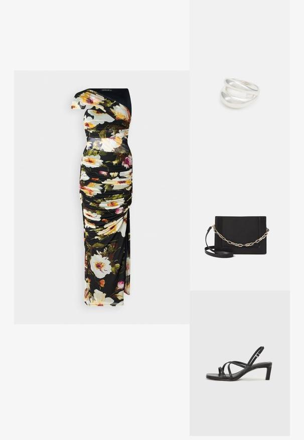 Lilleline kleit mustal taustal, ühe õlavarre disain, koonuseline tekstuur, elavad värvid lillemustris ja põrandani ulatuv siluett.; Mustast rihmajalatsid ruudukujulise varba ja madala ploki kontsaga. Omab mitmeid õhukesi rihmasid ja reguleeritavat pahkluu rihma. Valmistatud siledast nahast.; Mustast nahast õlakott, mis omab siledat tekstuuri, ristküliku kuju ning esiküljel metallketi detaili. Reguleeritav rihm on kaasas.; Hõbedane kahekordne rõngas sujuva, poleeritud pinnaga. Omab voolavat, kõverat disaini, millel on kattuvad sektsioonid, et saavutada kaasaegne ilme.