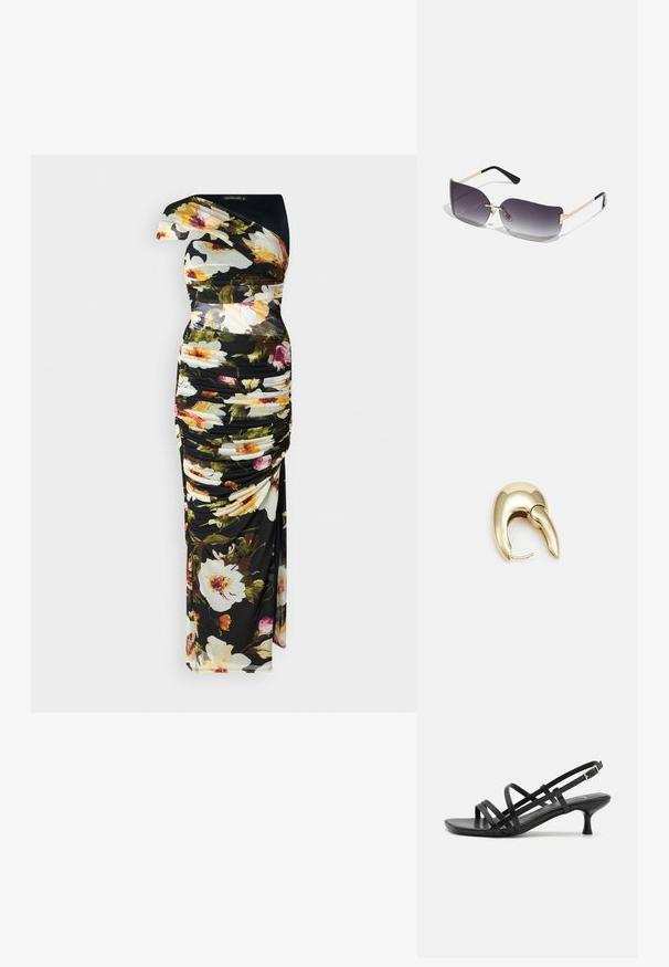 Kukkamekko mustalla pohjalla, yhdellä olkapäällä, rypytetty pinta, eloisat värit kukkakuoseissa ja lattialle ulottuva siluetti.; Musta korkeakorkoiset sandaalit, joissa on useita ristikko-nauhoja. Sileä materiaali, teräväkärkinen malli ja kapea korko. Säädettävä nilkkahihna soljella.; Aurinkolasit, joissa on harmaan sävyttävä linssi, kultainen metallirunko ja mustat muoviyksityiskohdat. Yksilölliset perhosenkoukkutyyppiset linssit, joissa on ohuet varret.; Kultahipuinen korvakoru, jossa on sulavalinjainen, kaareva muotoilu. Ominaisuuksiin kuuluu erottuva terävä muoto, kiillotettu pinta ja sarana kiinnitys.