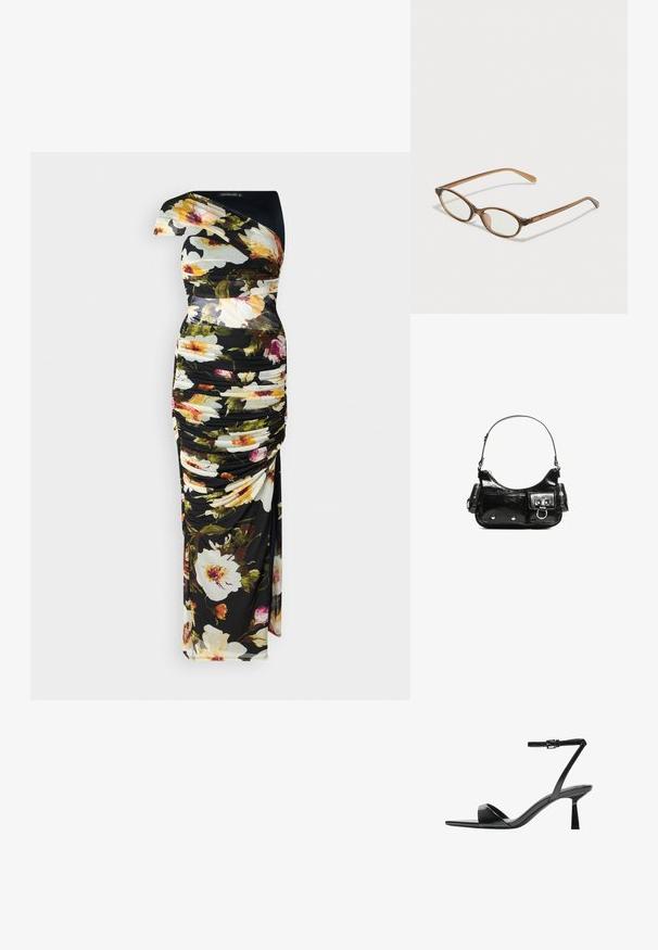 Blumenkleid mit schwarzem Grund, asymmetrischem Design, geraffter Textur, lebhaften Farben in floralen Mustern und bodenlanger Silhouette.; Bershka High Heel Sandalette - black; Braune Schildpatt-Brille mit ovalen Gläsern, dünnen Bügeln und transparenten Akzenten. Verfügt über ein dezentes Logo am Bügel. Elegantes, leichtes Design.; Schwarze Lackleder-Handtasche mit geschwungenem Design, einem Schulterriemen, Vordertaschen und silberfarbenen Hardware-Akzenten.
