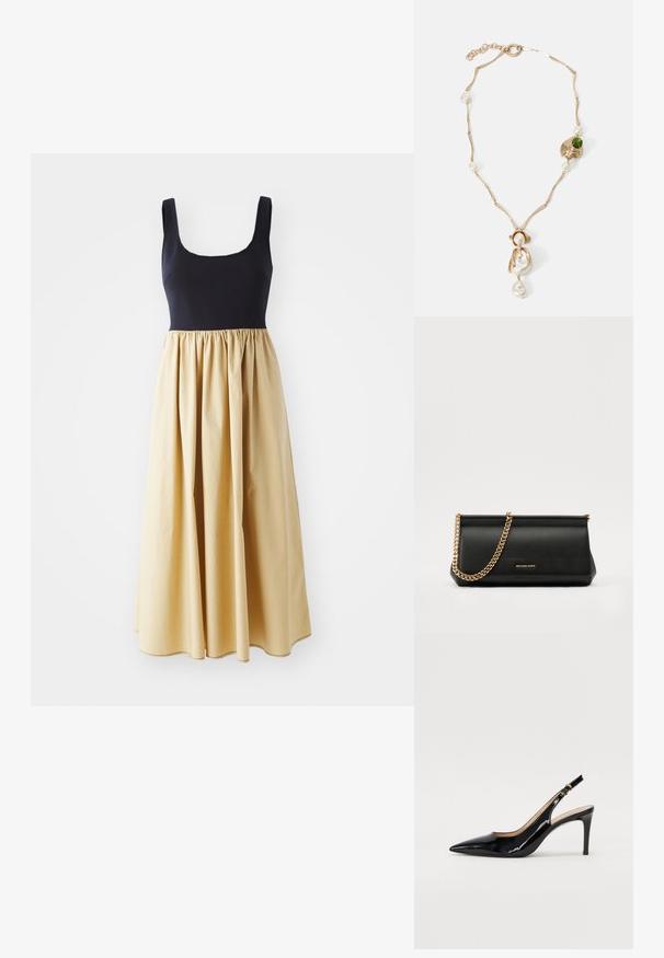 Sukienka bez rękawów z dopasowanym granatowym gorsetem i zwiewną, marszczoną żółtą spódnicą. Materiał z mieszanki bawełny, długość do podłogi, gładka faktura.; Czarne lakierowane szpilki typu slingback z szpiczastym noskiem, smukłym obcasem i subtelnym wycięciem. Posiadają złotą klamrę na pasku.; Czarna skórzana kopertówka z złotym łańcuszkiem, charakteryzująca się gładką fakturą, prostokątnym kształtem i wytłoczonym logo z przodu.; Złota naszyjnik z splotami, białymi perłami i akcentem zielonego kamienia. Posiada skomplikowane detale oraz zapięcie do zamykania.