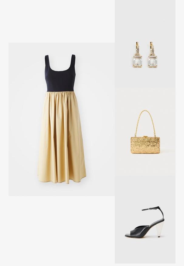 Ujjatlan ruházat, amelynek jól illeszkedő tengerészkék felső része és lebegő, ráncolt sárga szoknya van. Pamut keverékből készült, földig érő, sima tapintású.; Fekete bőr magassarkú szandál nyitott orral, aszimmetrikus dizájnnal, bokapánttal és fémes kúpos sarokkal. Az anyag sima textúrájú.; Arany flitteres clutch táska, téglalap alakú, csavart lánckarabinerekkel és fém záródással, mely fényt tükröz a textúrált felületének köszönhetően.; Aranyszínű fülbevalók, melyek egy téglalap alakú, tiszta kristállyal díszítették, ami egy sor kis, kerek, tiszta kiegészítő alatt lóg. Letisztult, modern dizájn.