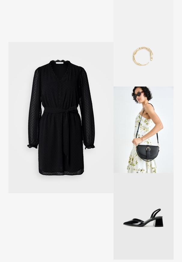 Black dress made of textured fabric with polka dots, featuring long sleeves, a V-neckline, lace trim, and a tie belt at the waist.; Black patent leather slingback heels with a pointed toe and a geometric block heel. Features a sleek, minimal design and smooth texture.; Black leather handbag with a curved shape, detachable strap, and gold hardware. The bag features a flap with a buckle detail.; Gold-tone ring featuring an organic, twisted design with smooth texture and tapered ends, creating a modern, sculptural appearance.
