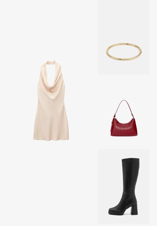 Mango LUC mleczny; Anna Field - Kozaki na obcasie; Czerwona skórzana torebka na ramię o zakrzywionym kształcie, gładkiej fakturze i zamek błyskawiczny. Posiada cienką rączkę do noszenia.; Złota bransoletka w kształcie okręgu o gładkiej, błyszczącej powierzchni, z subtelnym detalem zapięcia.