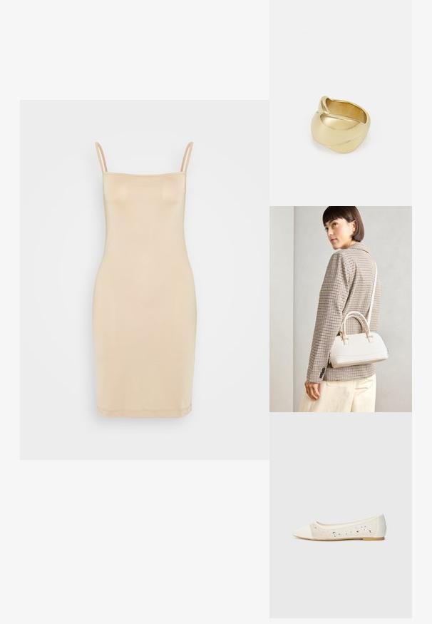 Nude krāsas pieguļošs kleita ar plānām siksnām, bezšuvju dizainu un gludu tekstūru. Iespējo pieguļošu siluetu un midi garumu.; Krēmsādas apavi ar pointēto pirkstu un caurspīdīgu augšdaļu, apkaisa ar izkaisītiem rhinestones. Mīksta zole ērta valkāšanai, minimālisma dizains.; Balta strukturēta roku soma ar īsām rokturiem un plecu siksnu, ar zelta aparatūras akcentiem un strukturētu materiālu, izstādīta uz pelēka fona.; Zelta krāsas gredzens ar gludu, vērptu dizainu. Tam ir pulēta virsma un noapaļotas malas, veidojot nepārtrauktu, plūstošu formu.