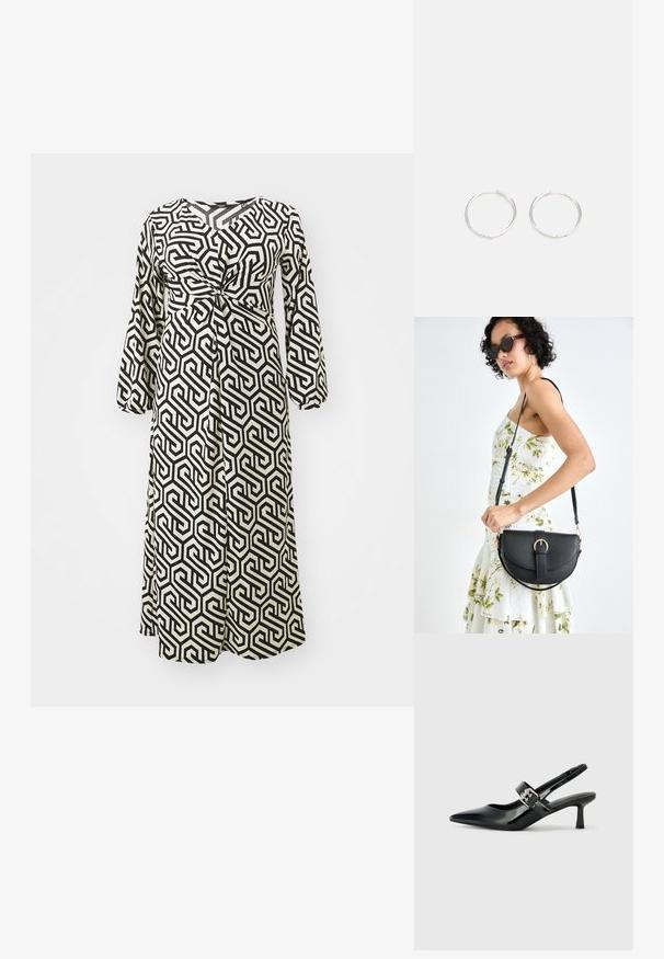 Oblačilo z geometrijskim printom v črno-beli barvi, dolgi rokavi, zavezovanje v pasu, tekoča tkanina, dolžina pod koleni.; Črne patent usnjene slingback pete s koničastim nosom in majhnim blok peto, ki vključujejo srebrno zaponko na traku.; Črna usnjena torbica s ukrivljeno obliko, z odstranljivo naramnico in zlatimi dodatki. Torbica ima pokrov s podrobnostmi v obliki zaponke.; Srebrne kroglice z elegantnim, okroglim oblikovanjem, z gladko površino in brez vidnih okrasnih elementov. Premer ni določen.