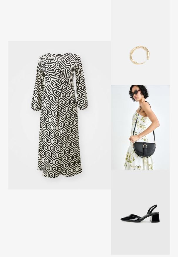 Mustvalge geomeetrilise mustriga kleit, pikad varrukad, sidumisega detail vööl, voolujooneline kangas, põlvest allapoole ulatuv.; Mustad musta lakknahk kingad, millel on terav varvas ja geomeetriline plokkkonts. Omab elegantselt minimalistlikku disaini ja sujuvat tekstuuri.; Mustmust mustraha kõverate joontega, eemaldatava rihmaga ja kuldsete detailidega. Kotil on klapp, millel on pandladetail.; Kuldtoonis sõrmus, millel on orgaaniline, keerdunud disain sileda tekstuuri ja kitsenevate otstega, luues kaasaegse skulptuurilise välimuse.