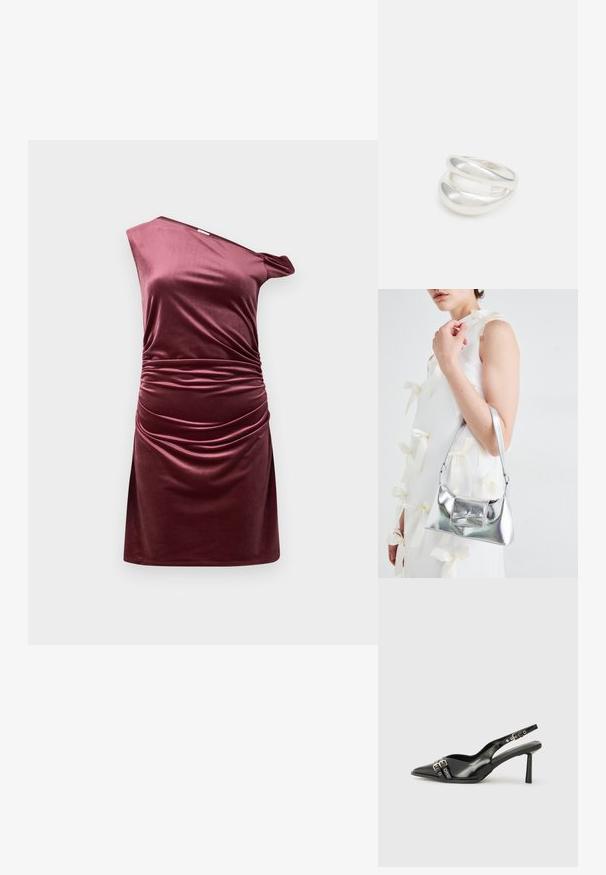 Asimetrična haljina s jednim ramenom u tamnocrvenom veluru, s nabranim detaljima na strani i prilagođenim siluetom.; Crna lakirana slingback cipela s izduženim vrhom, remenčićima oko gležnja s srebrnim kopčama i dijelovima, te vitkim potplatom.; Srebrna metalik torbica sa strukturiranim oblikom, s gornjom drškom i detaljem mašne sprijeda. Glatka tekstura, reflektirajući finiš.; Srebrna dvostruka prsten s glatkom, poliranom površinom. Karakterizira ga fluidan, zakrivljen dizajn s preklapajućim sekcijama za moderan izgled.