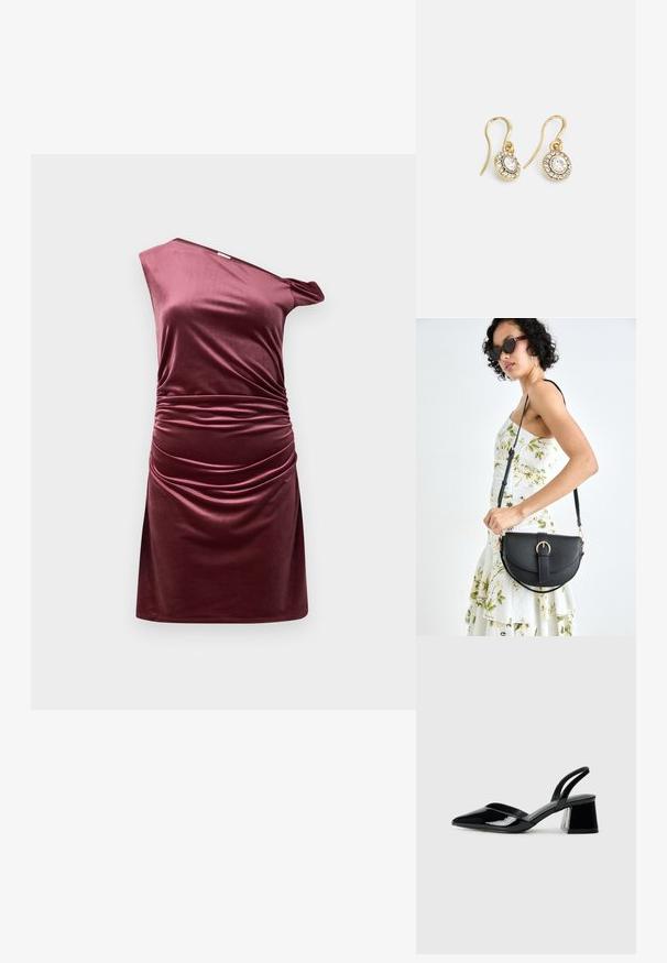 Asimetrisks ar vienu plecu tērps dziļā bordo samtā, ar savāktām detaļām sānos un piegulošu siluetu.; Melna lakota āda ar atvērto papēdi, ar smailu purngalu un ģeometrisku blokpapēdi. Iezīmējas elegants, minimāls dizains un gluda tekstūra.; Melnas ādas rokassoma ar izliekta formu, noņemamu siksnu un zelta aksesuāriem. Somai ir vāciņš ar sprādzes detaļu.; Zelta tonī veidotas auskaru piekariņi ar ovālu izgriezumu caurspīdīgām kristālēm, kuras ieskauj mazākas caurspīdīgas akmeņu daļiņas, ar āķveida dizainu drošai valkāšanai.