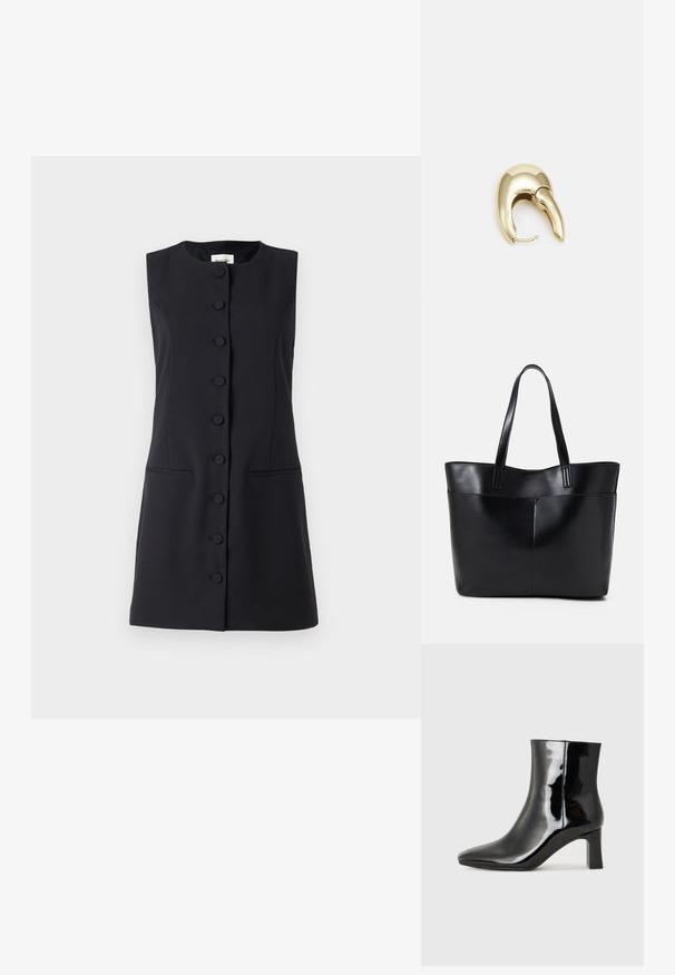 Vestido preto sem mangas, design justo, até ao joelho, com decote redondo, fecho de botão à frente e dois bolsos laterais.; Botim de tornozelo em pele sintética preta com bico apontado e salto bloco de altura média. Textura suave e design minimalista.; Bolsa tote preta em couro com duas alças longas, textura suave e forma estruturada. Apresenta um bolso frontal para armazenamento adicional.; Brinco em metal dourado com um design elegante e curvo. Apresenta uma forma pontiaguda distinta, superfície polida e fecho por dobradiça.