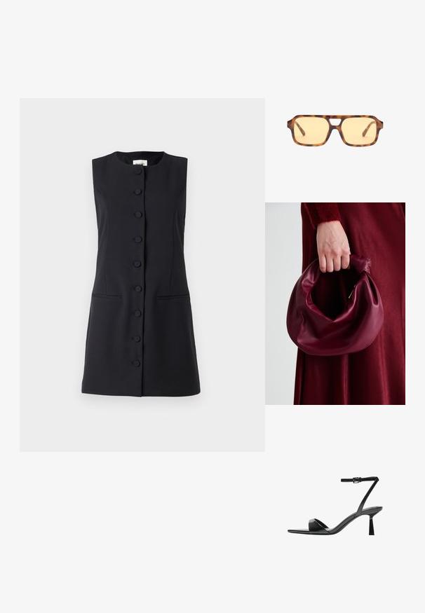 Črna obleka brez rokavov, prilega se telesu, dolžine do kolen, z okroglo vratno izrezom, sprednjim zapiranjem na gumb ter dvema stranskima žepoma.; Bershka Sandali z visoko peto - black; Soncek zaščitni očali v barvi želv, z rumenimi lečami, pravokotne oblike in značilnim izrezom na nosnem delu. Teksturirane ročice dopolnjujejo dizajn.; Bordo usnjeni ročni torbici s mehak, nabrana zasnova in okrogla oblika. Ročaj je varen in prikazuje gladko teksturo.